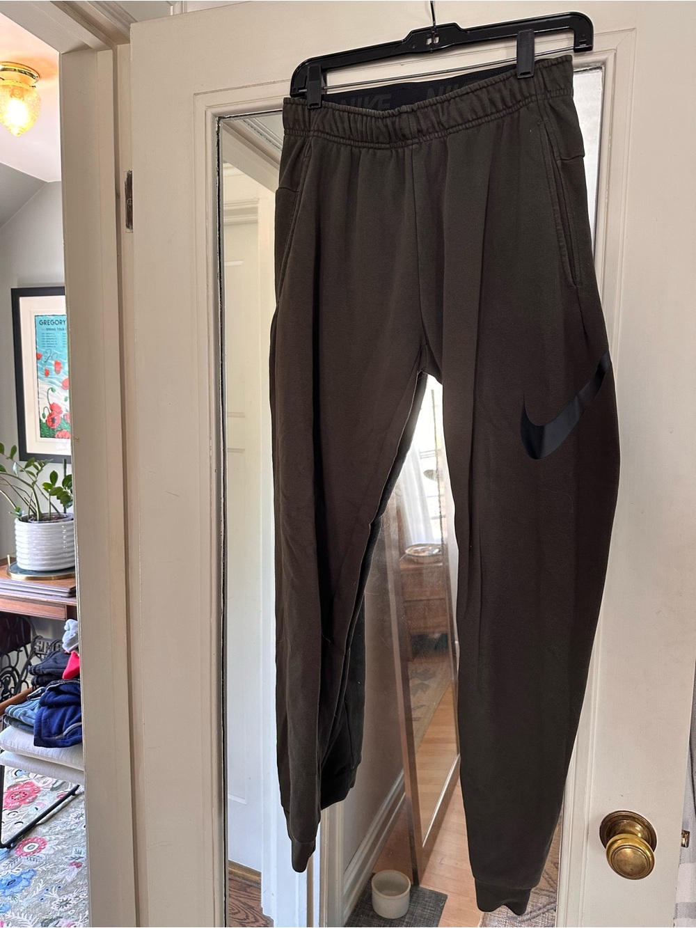 Nike Olive Green Men’s Joggers with Black Swoosh